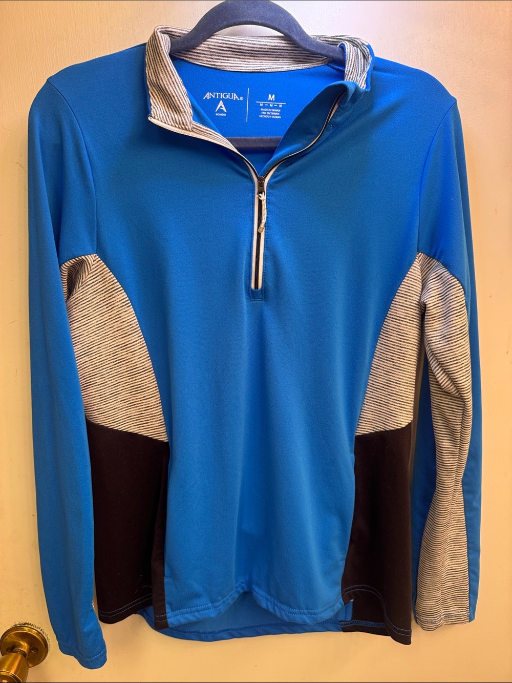 Antigua Men’s Royal Blue Quarter-Zip Crewneck Sweater with Gray and Black Panels